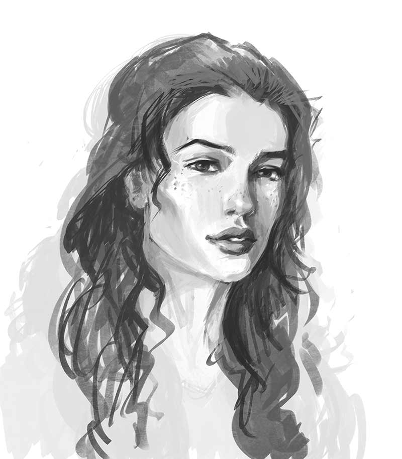 Black-and-white illustrated portrait of Avital