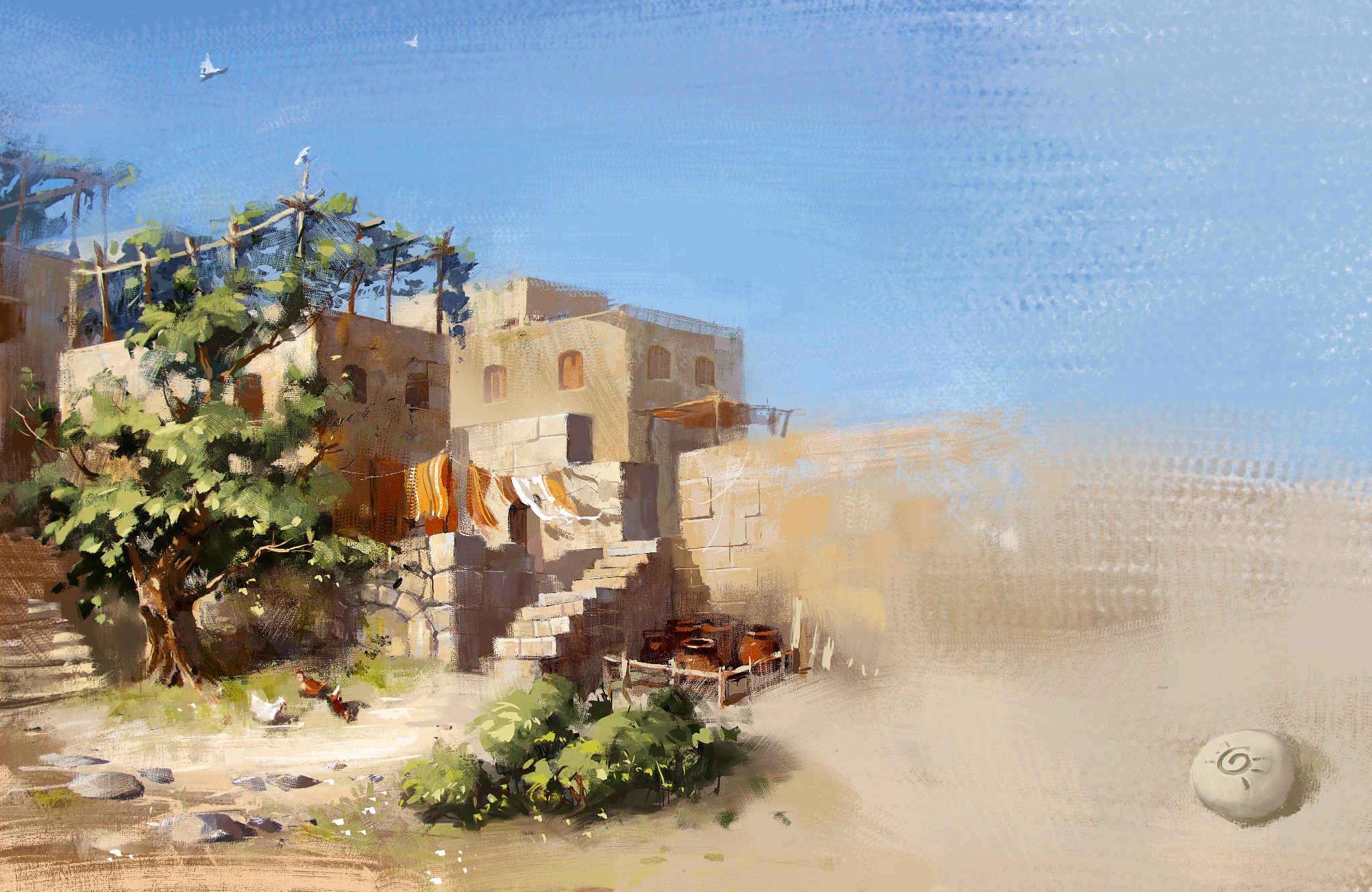 Ancient Jerusalem courtyard with stone homes and trees